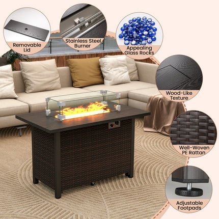 50000 BTU 2 Inch ropane Gas Fire Pit Table with Wind Guard and Glass Rocks-Brown