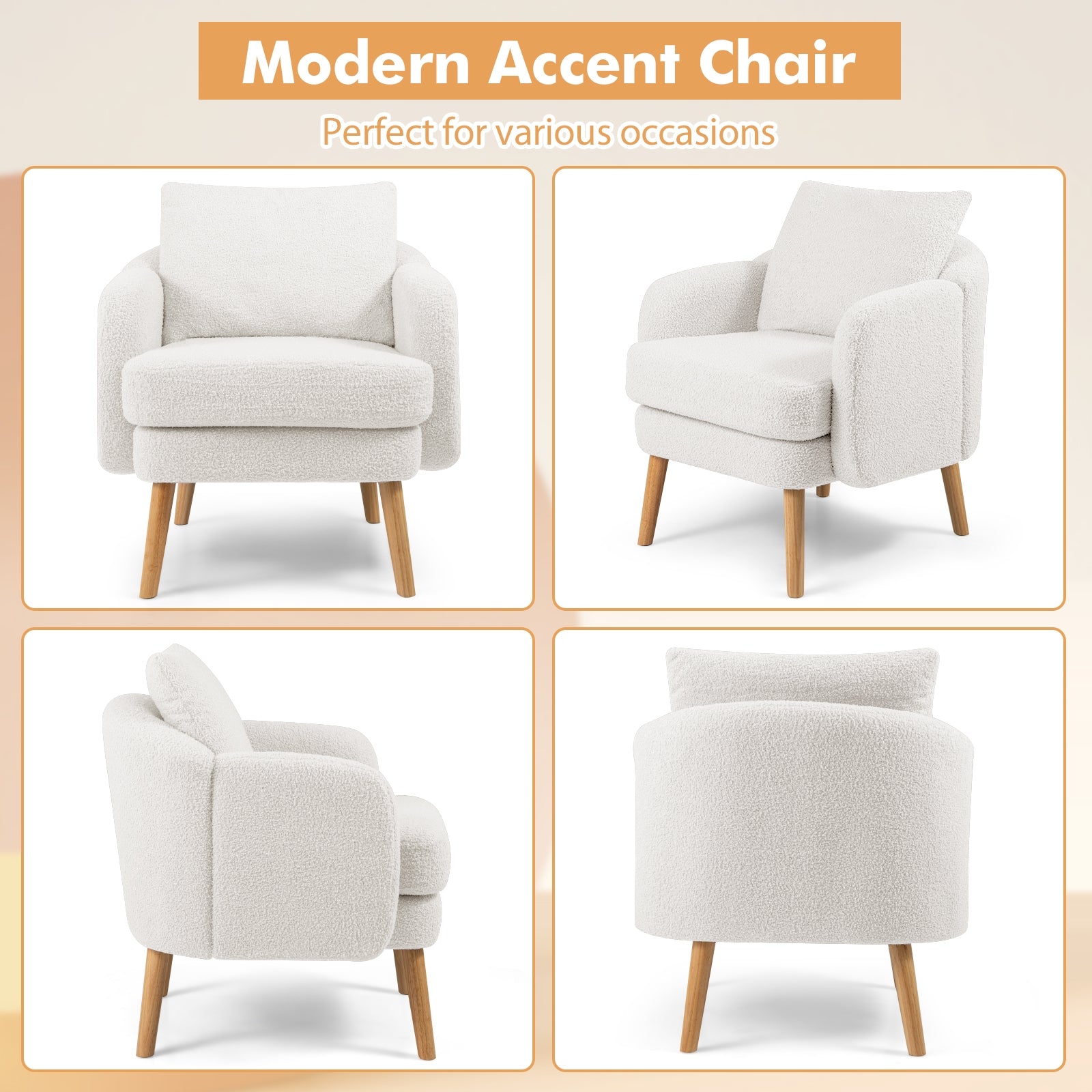 Sherpa Accent Chair Modern Living Room Chair with Seat Cushion-White