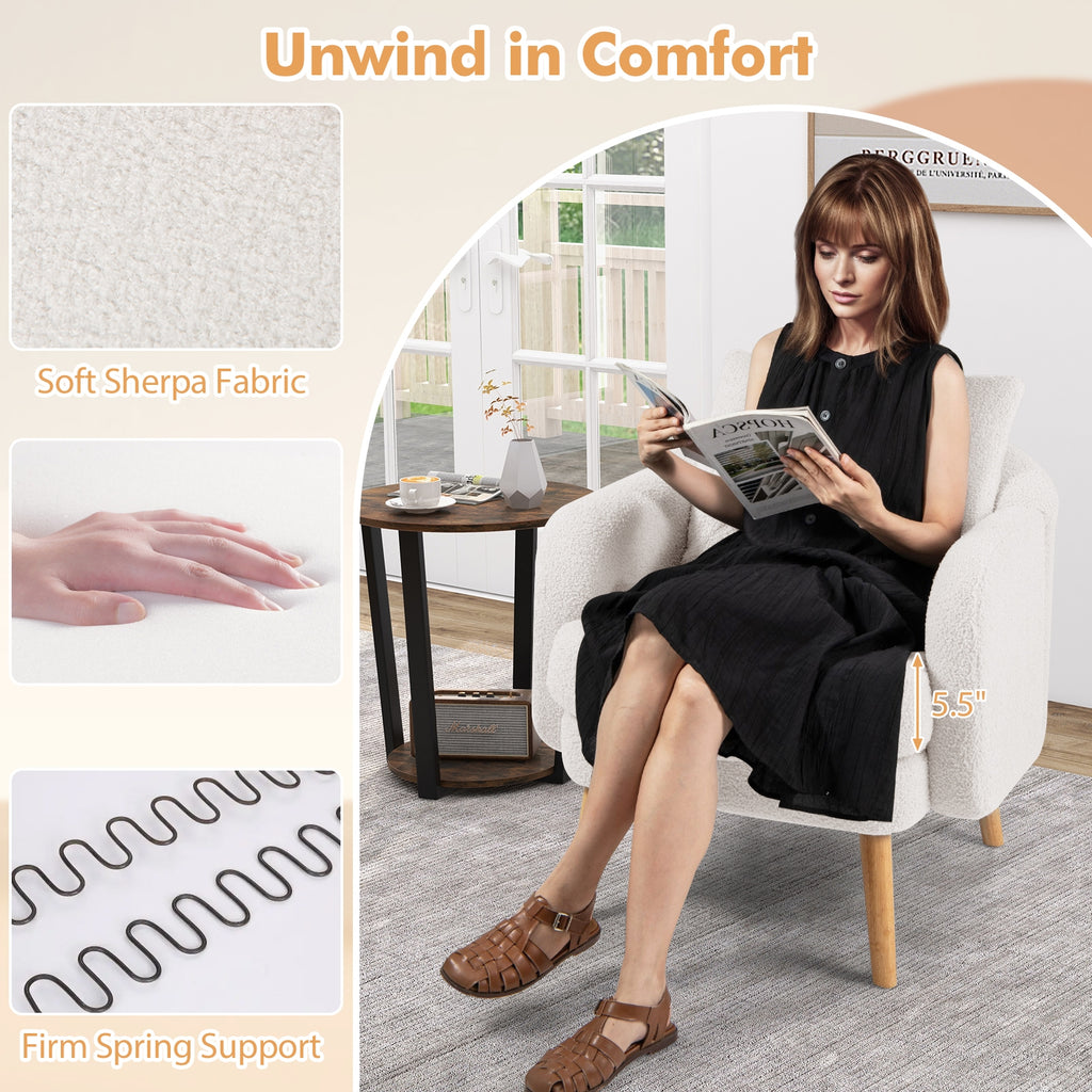 Sherpa Accent Chair Modern Living Room Chair with Seat Cushion-White