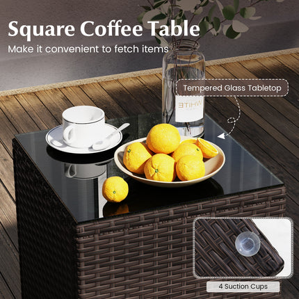 3 Pieces Outdoor Conversation Set with Cushioned Seat and Glass Tabletop-Black