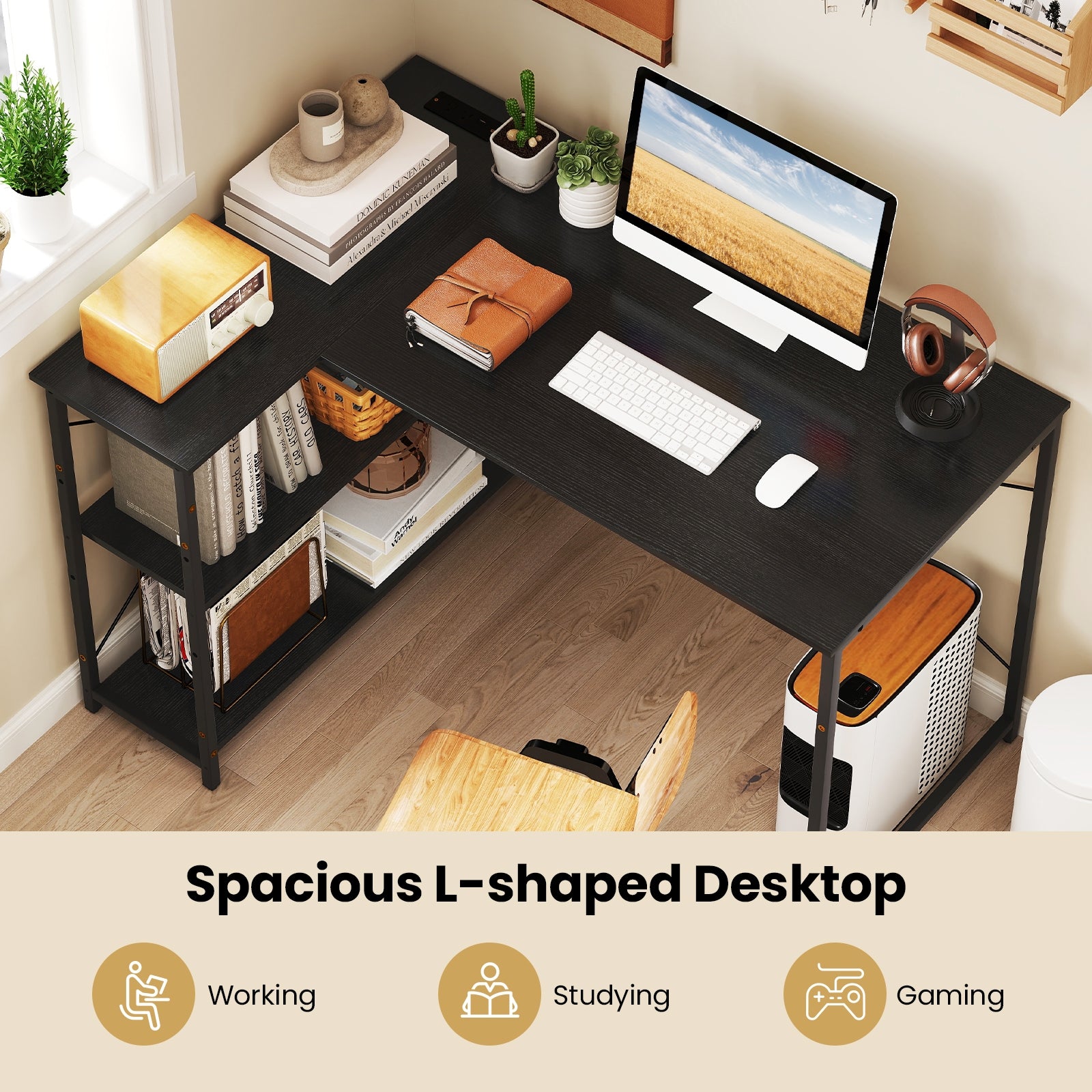 L-shaped 47 Inch Reversible Corner Desk with Adjustable Storage Shelves-Black