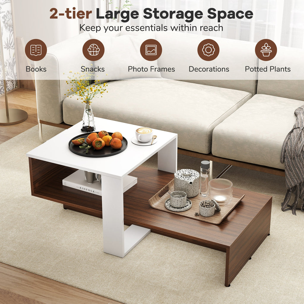 2-Tier Geometric Coffee Table with Storage Shelves for Living Room and Reception Room-White and Brown