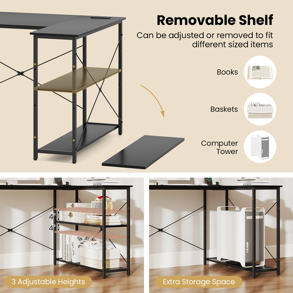L-shaped 47 Inch Reversible Corner Desk with Adjustable Storage Shelves-Black