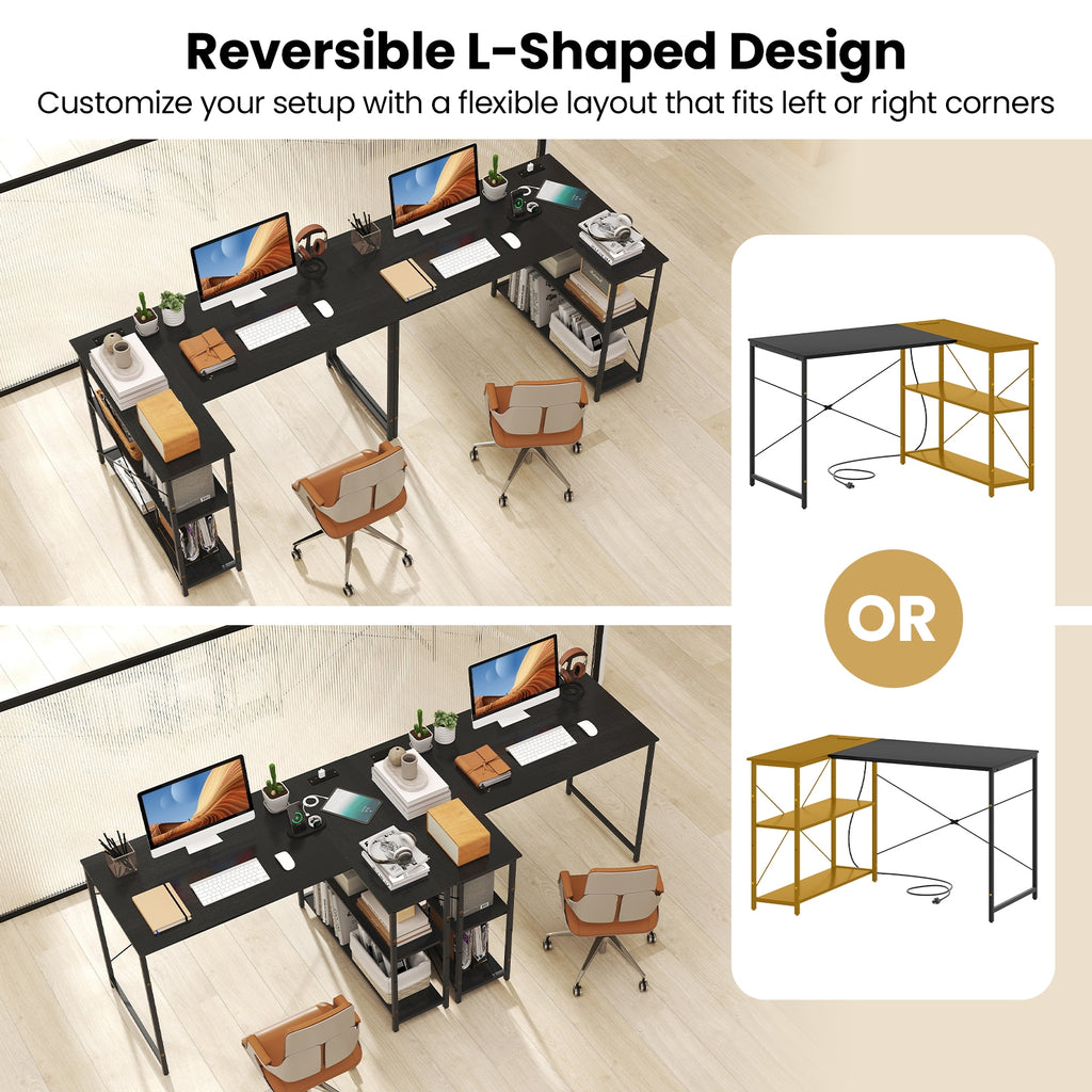 L-shaped 47 Inch Reversible Corner Desk with Adjustable Storage Shelves-Black