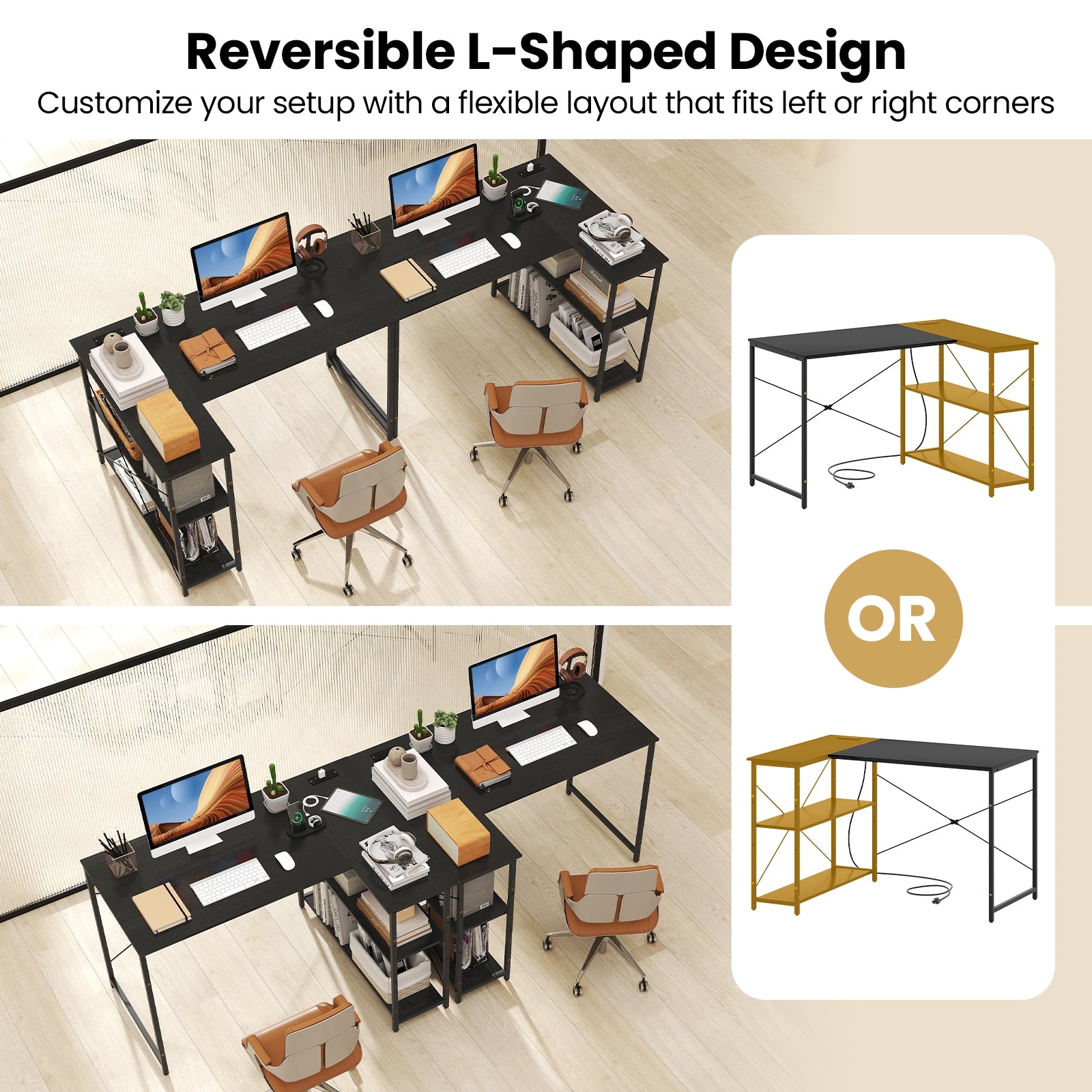 L-shaped 47 Inch Reversible Corner Desk with Adjustable Storage Shelves-Black