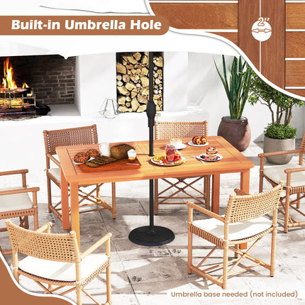 7 Pcs Outdoor Dining Set Teak Oil Finish Slatted Rectangular Dining Table and 6 Armchairs