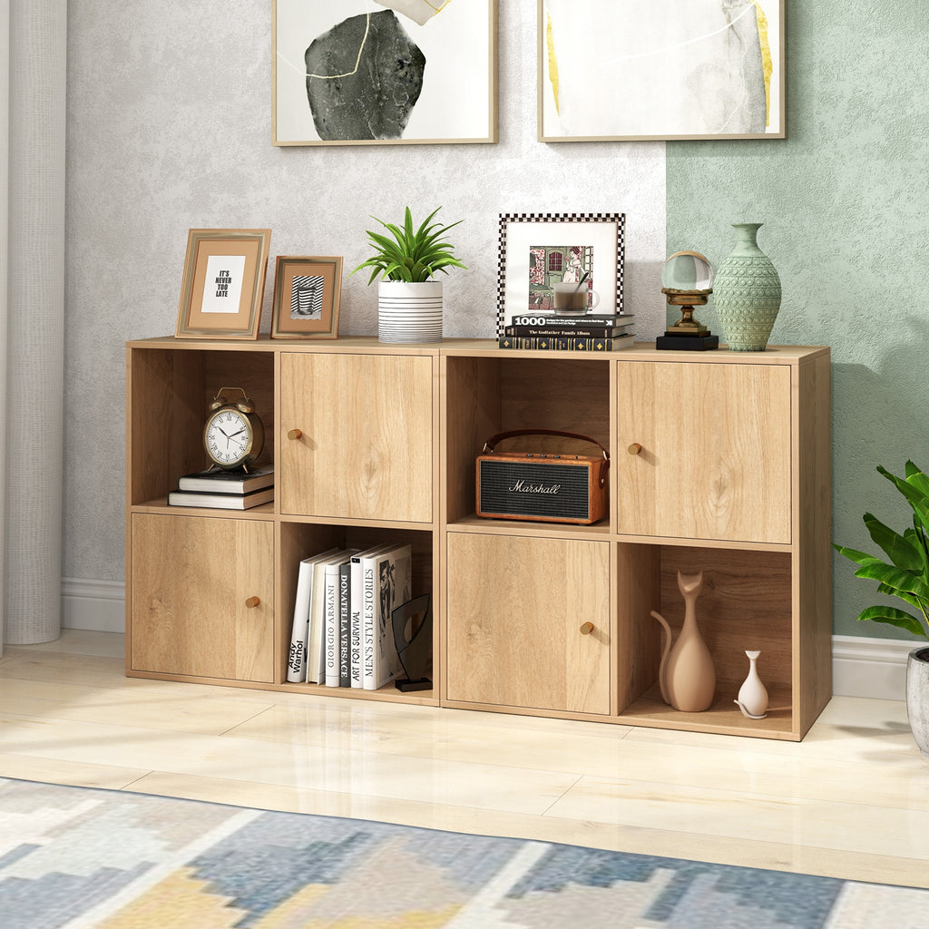 4-Cube Bookcase 3-Tier Bookshelf with Dual Anti-Tipping Kits and 2 Cabinets-Natural