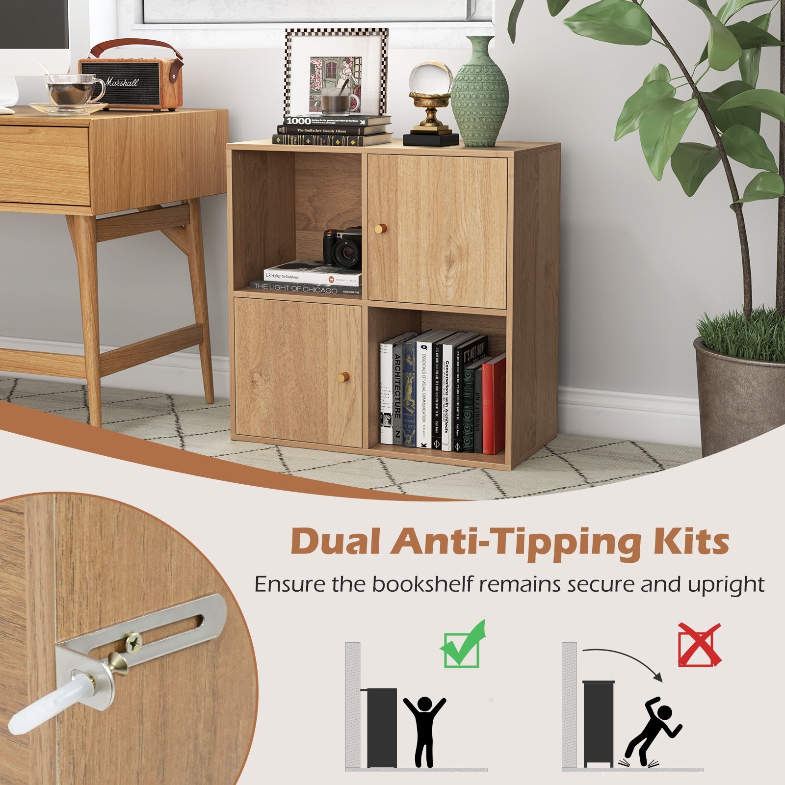 4-Cube Bookcase 3-Tier Bookshelf with Dual Anti-Tipping Kits and 2 Cabinets-Natural