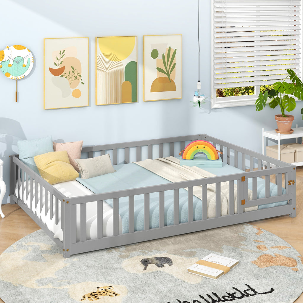 Montessori Bed Frame with Full-length Guardrails Safety Door and Latch-Gray