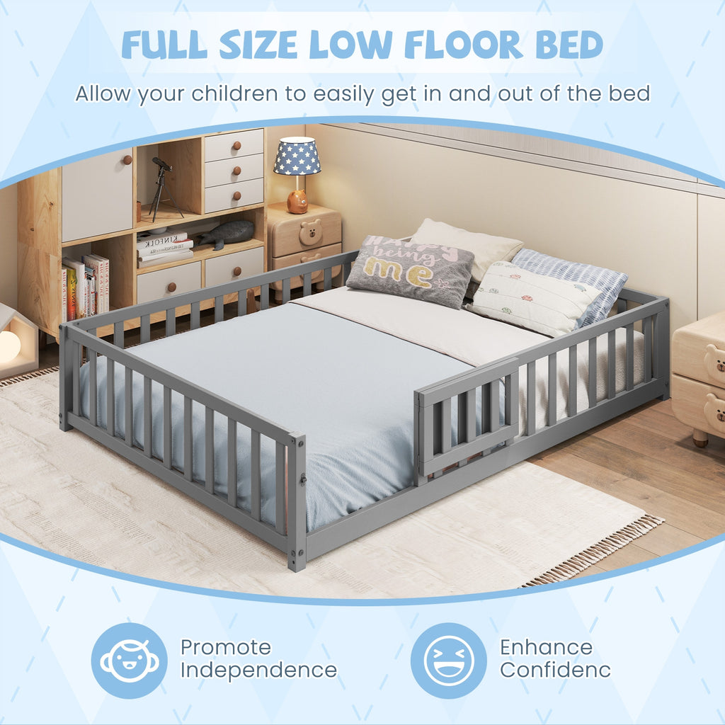 Montessori Bed Frame with Full-length Guardrails Safety Door and Latch-Gray