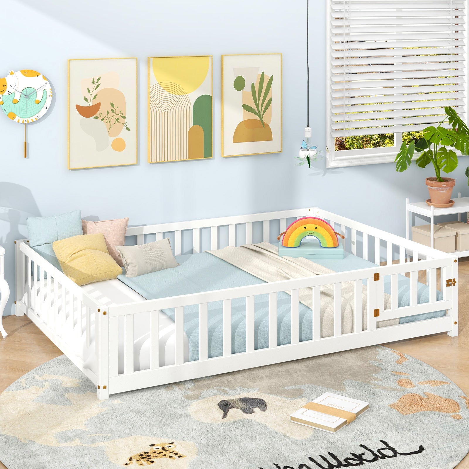 Montessori Bed Frame with Full-length Guardrails Safety Door and Latch-White