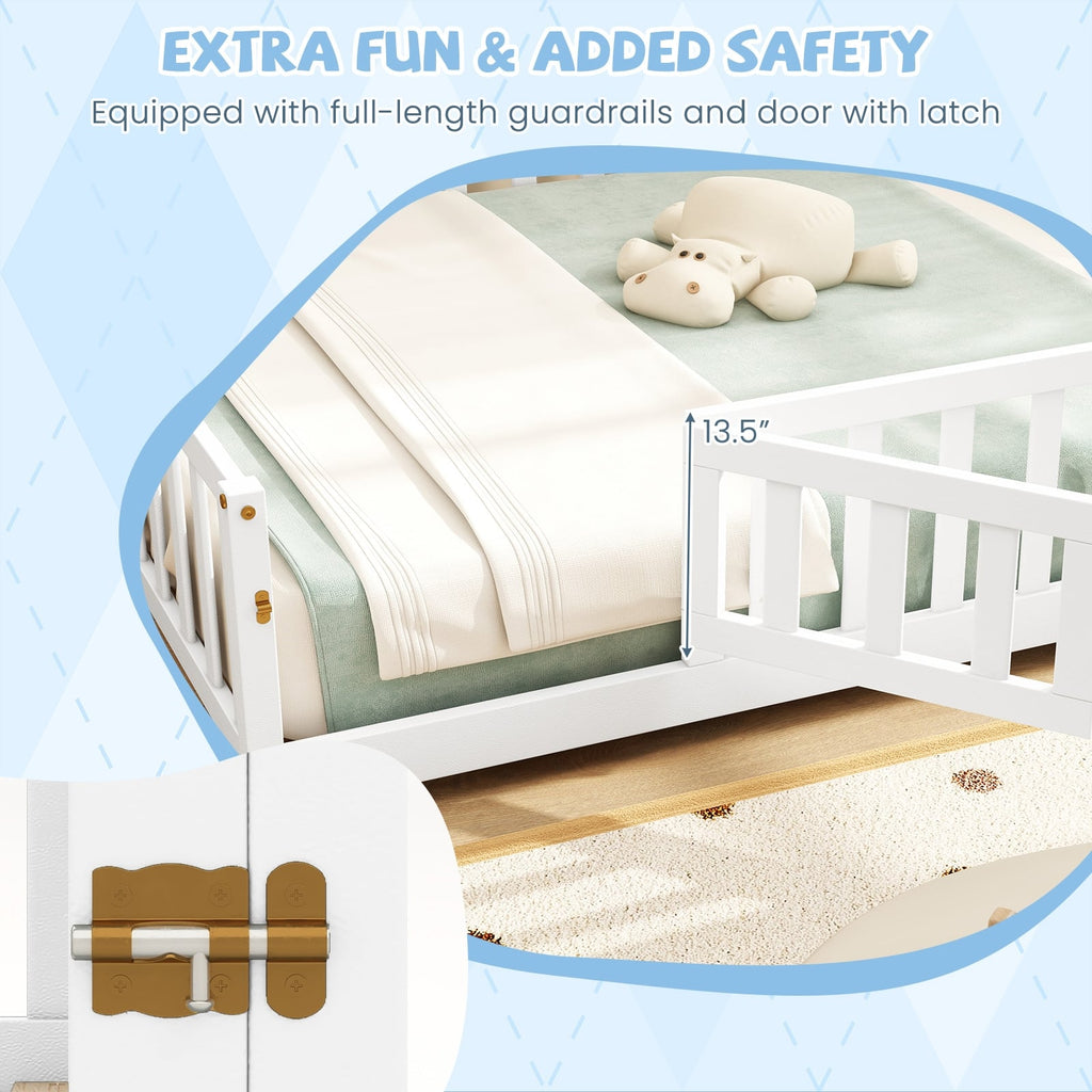 Montessori Bed Frame with Full-length Guardrails Safety Door and Latch-White