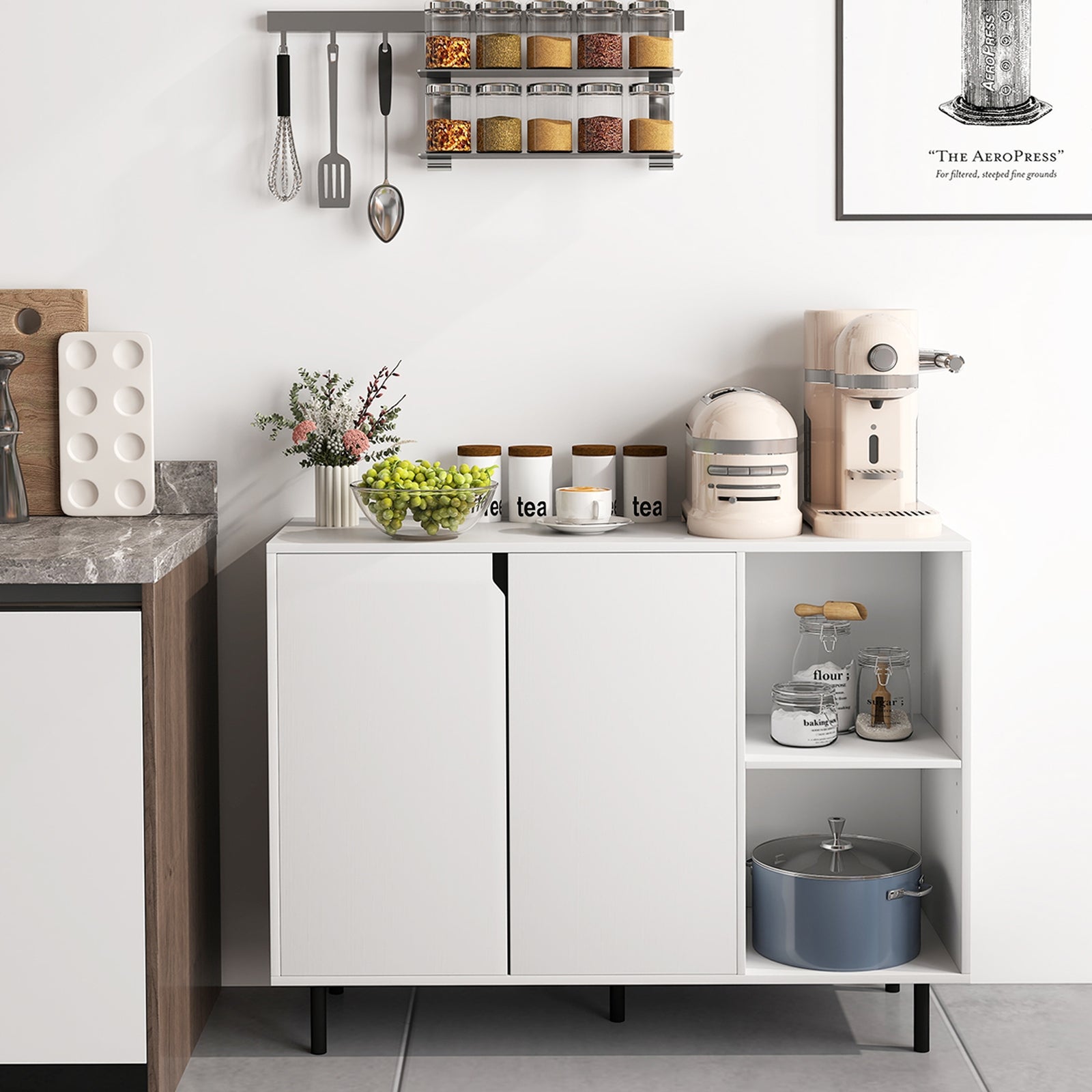 42 Inch Sideboard Buffet Cabinet Kitchen with Adjustable Shelves-White