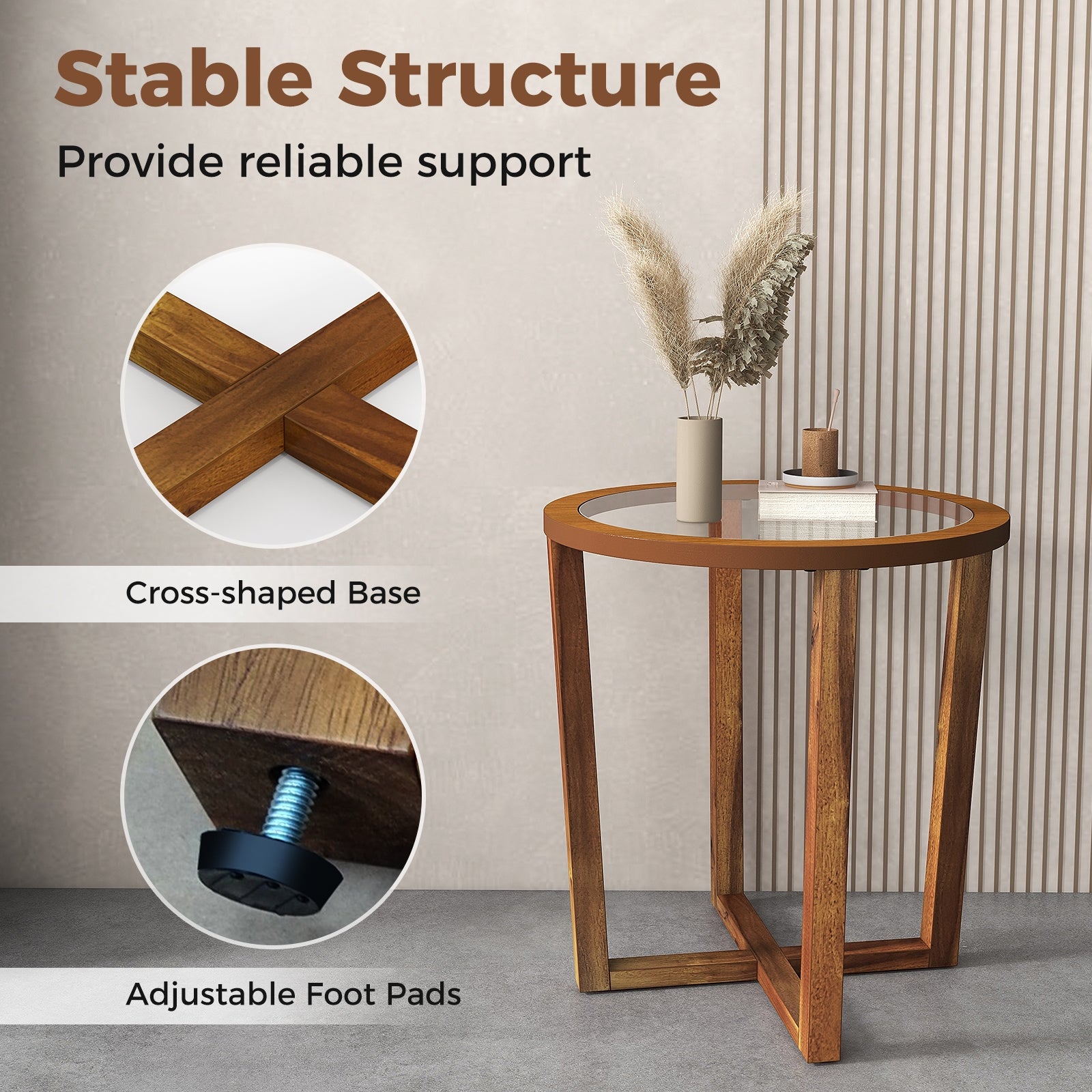 Modern Round End Table Sofa Side Table with Transparent Tempered Glass Top-Brown