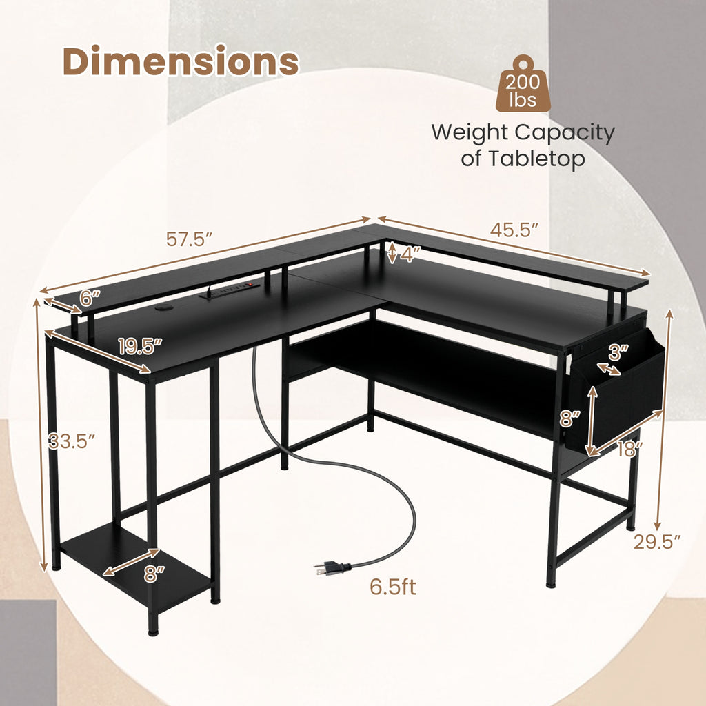 L-Shaped Gaming Desk with LED Lights and Power Outlets Home Office Computer Desk-Black