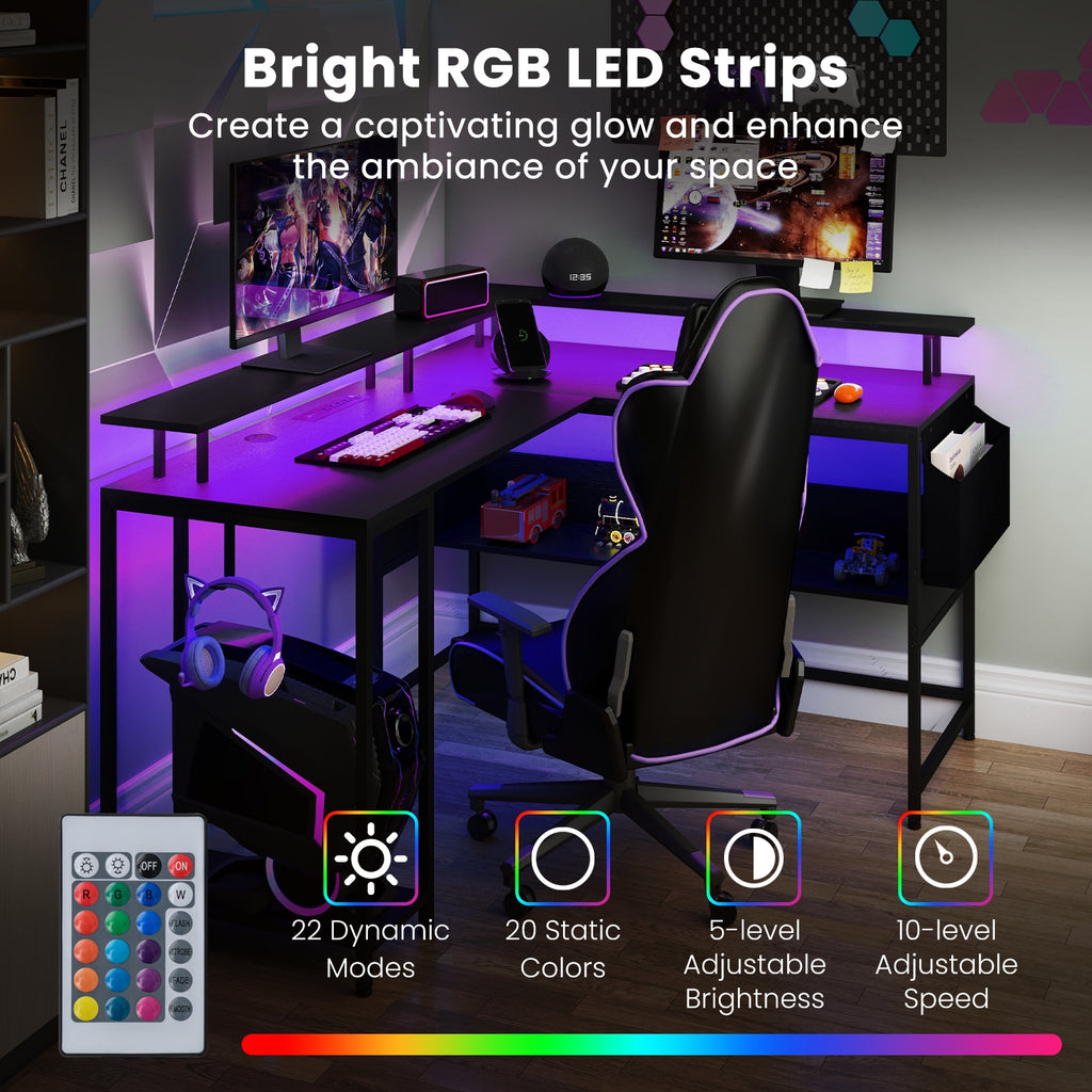 L-Shaped Gaming Desk with LED Lights and Power Outlets Home Office Computer Desk-Black