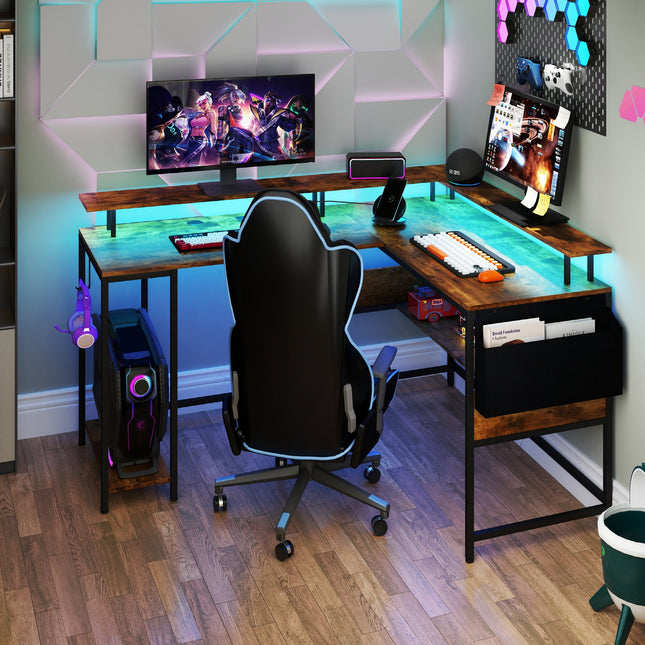 L-Shaped Gaming Desk with LED Lights and Power Outlets Home Office Computer Desk-Rustic Brown
