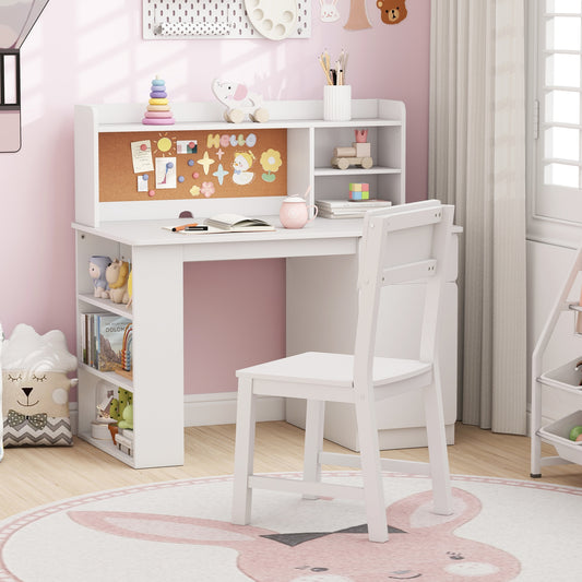 Kids Desk and Chair Set with Hutch and 3-Layer Side Shelf-White