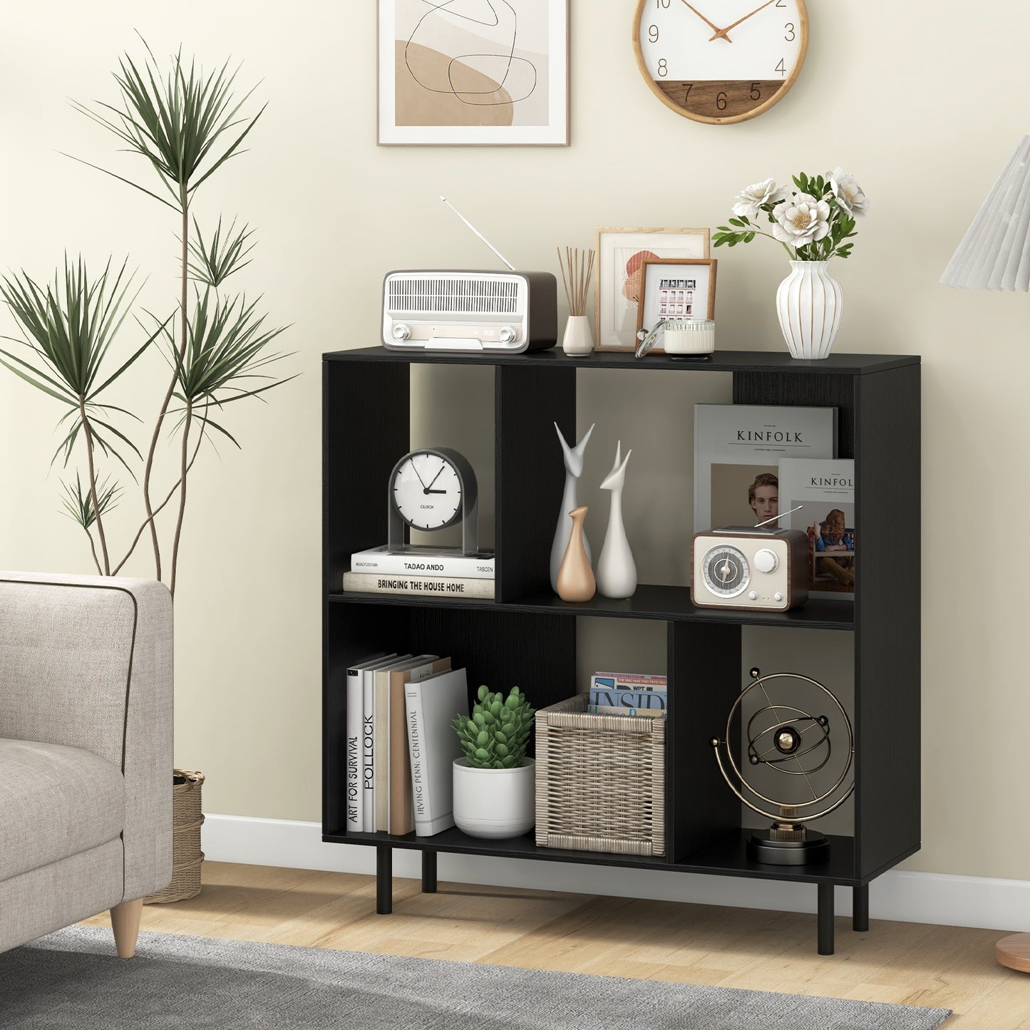 Open Shelf Bookcase with 4 Compartments-Black