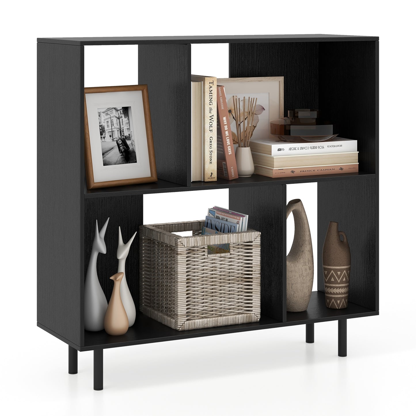 Open Shelf Bookcase with 4 Compartments-Black