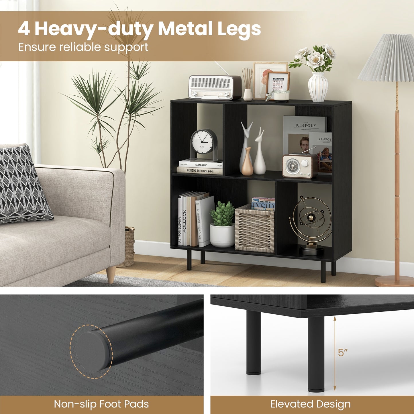 Open Shelf Bookcase with 4 Compartments-Black