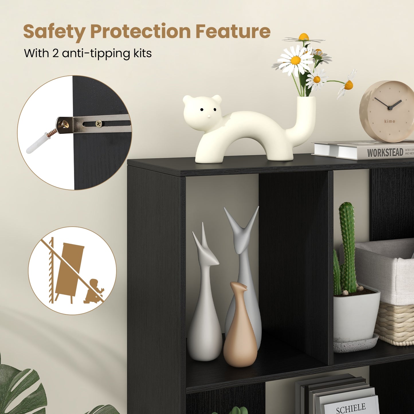 Open Shelf Bookcase with 4 Compartments-Black