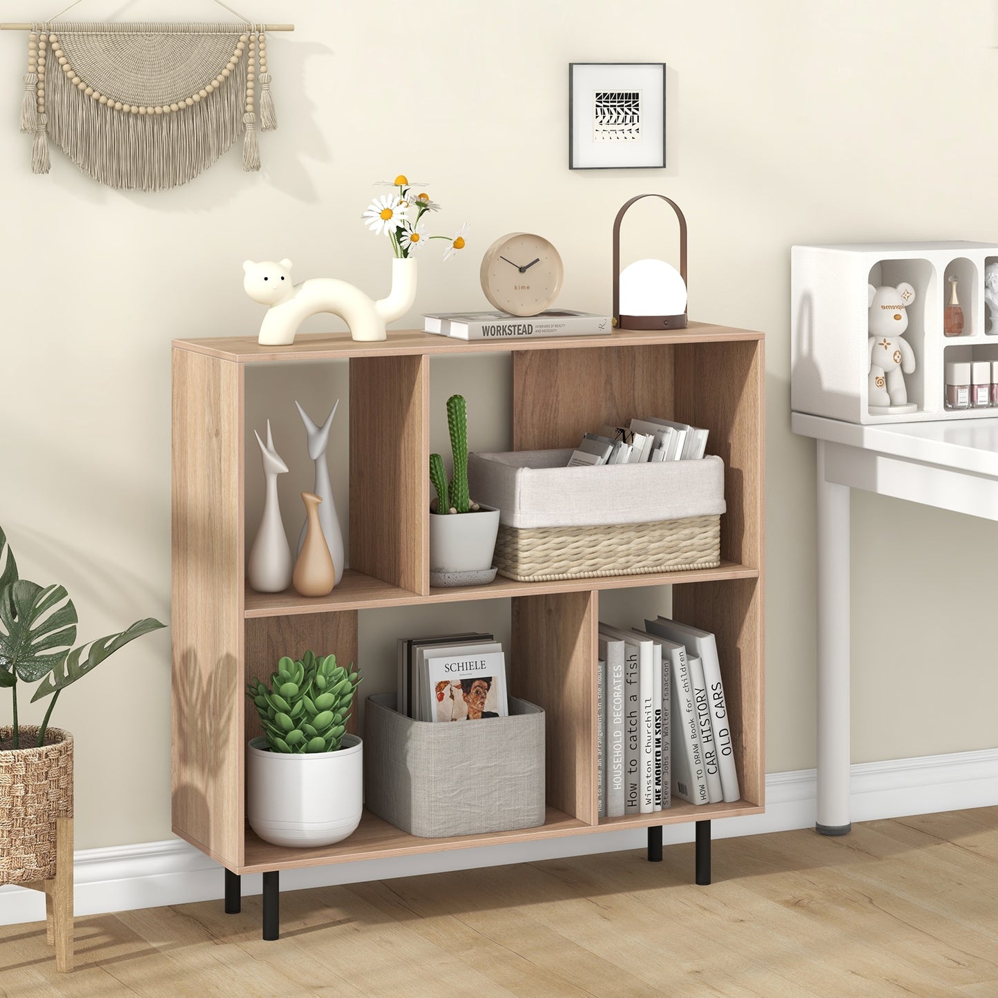 Open Shelf Bookcase with 4 Compartments-Natural