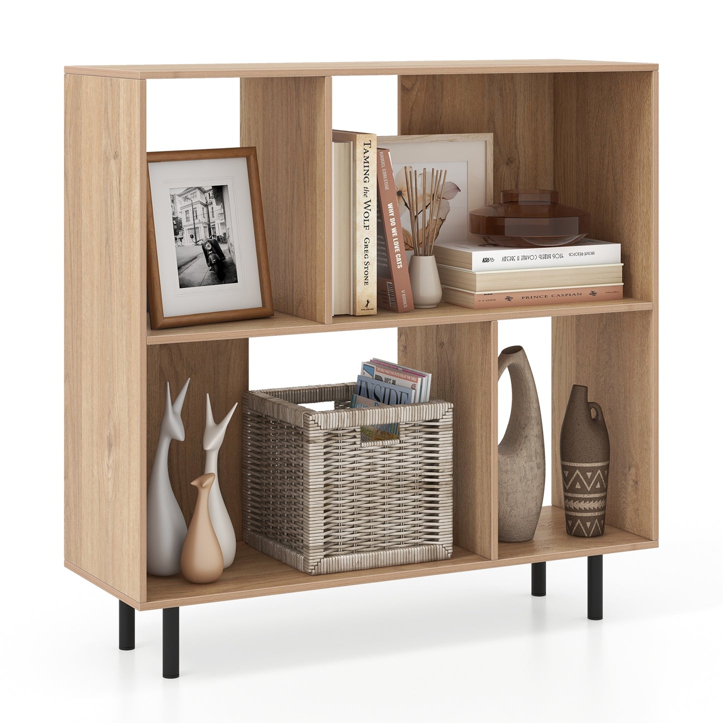 Open Shelf Bookcase with 4 Compartments-Natural