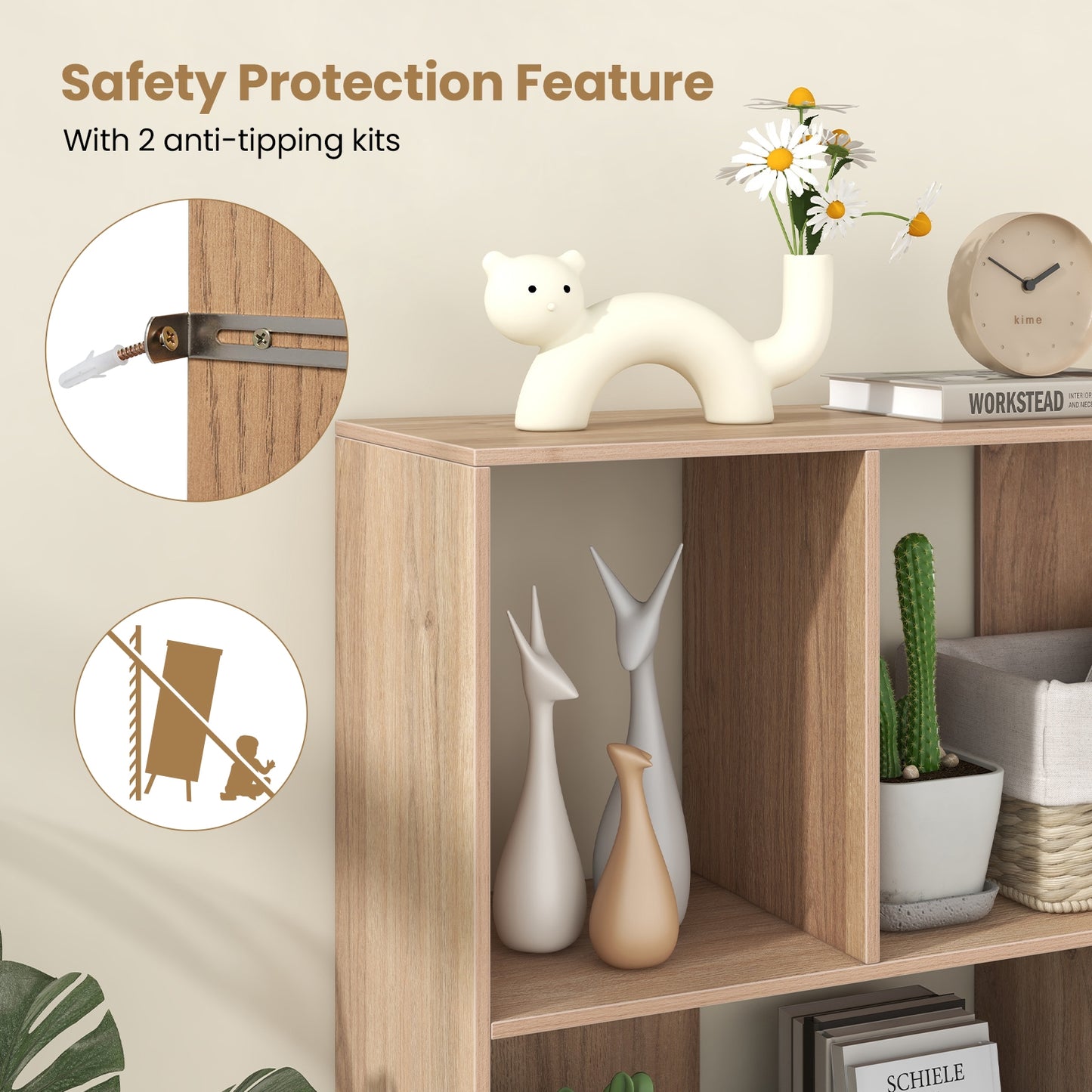 Open Shelf Bookcase with 4 Compartments-Natural