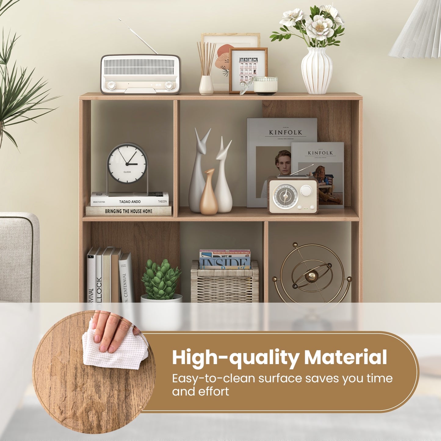 Open Shelf Bookcase with 4 Compartments-Natural