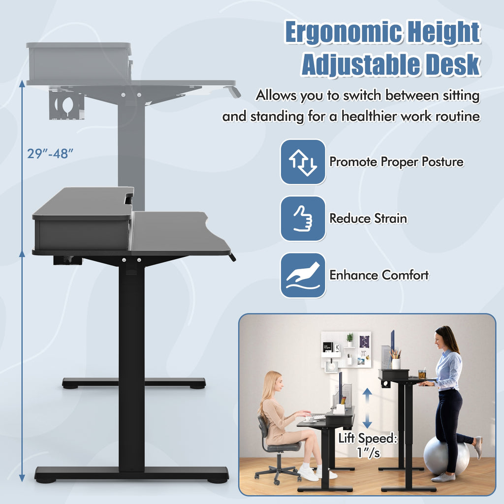 48 Inch x 24 Inch Height Adjustable Electric Standing Desk with 2 Drawers-Black