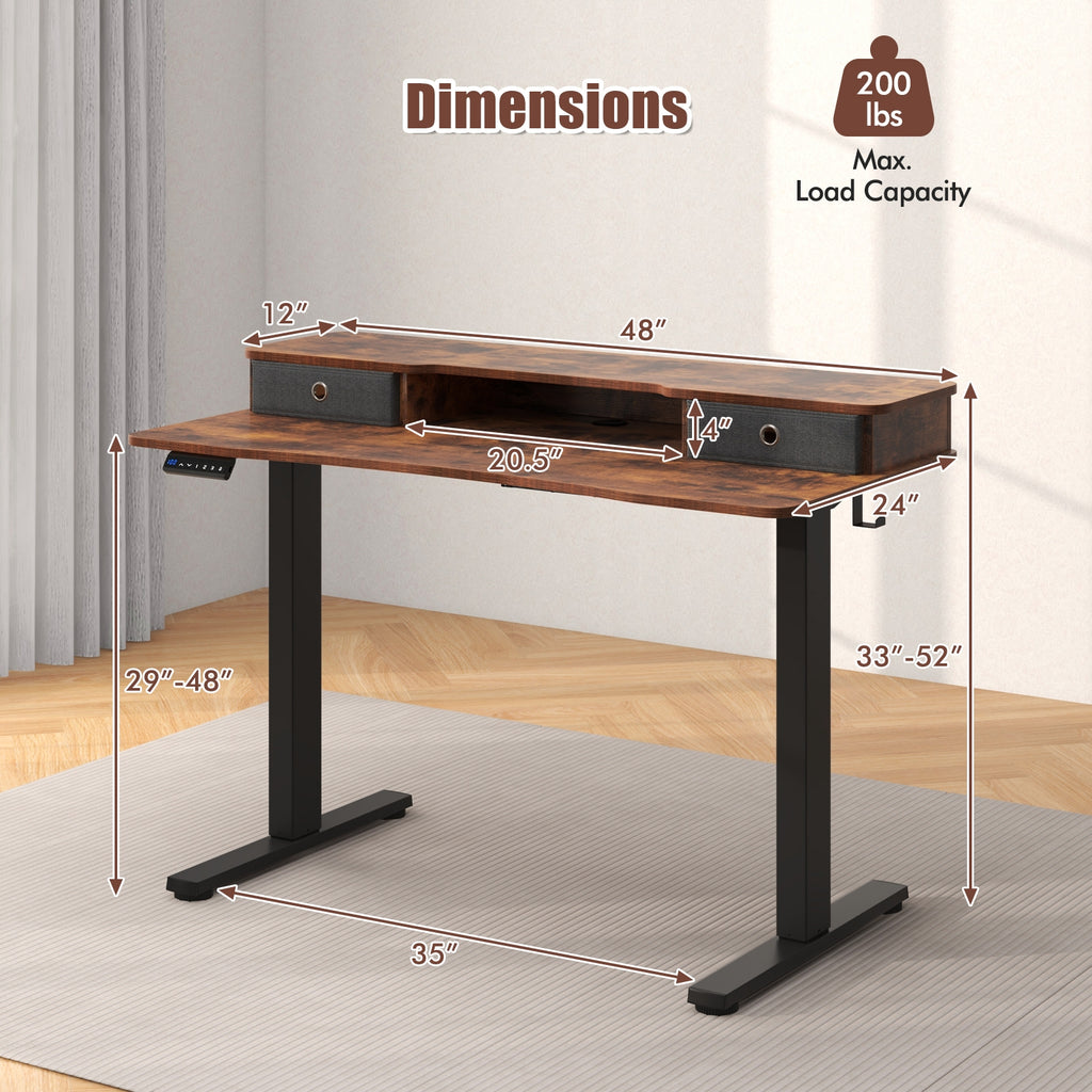 48 Inch x 24 Inch Height Adjustable Electric Standing Desk with 2 Drawers-Rustic Brown