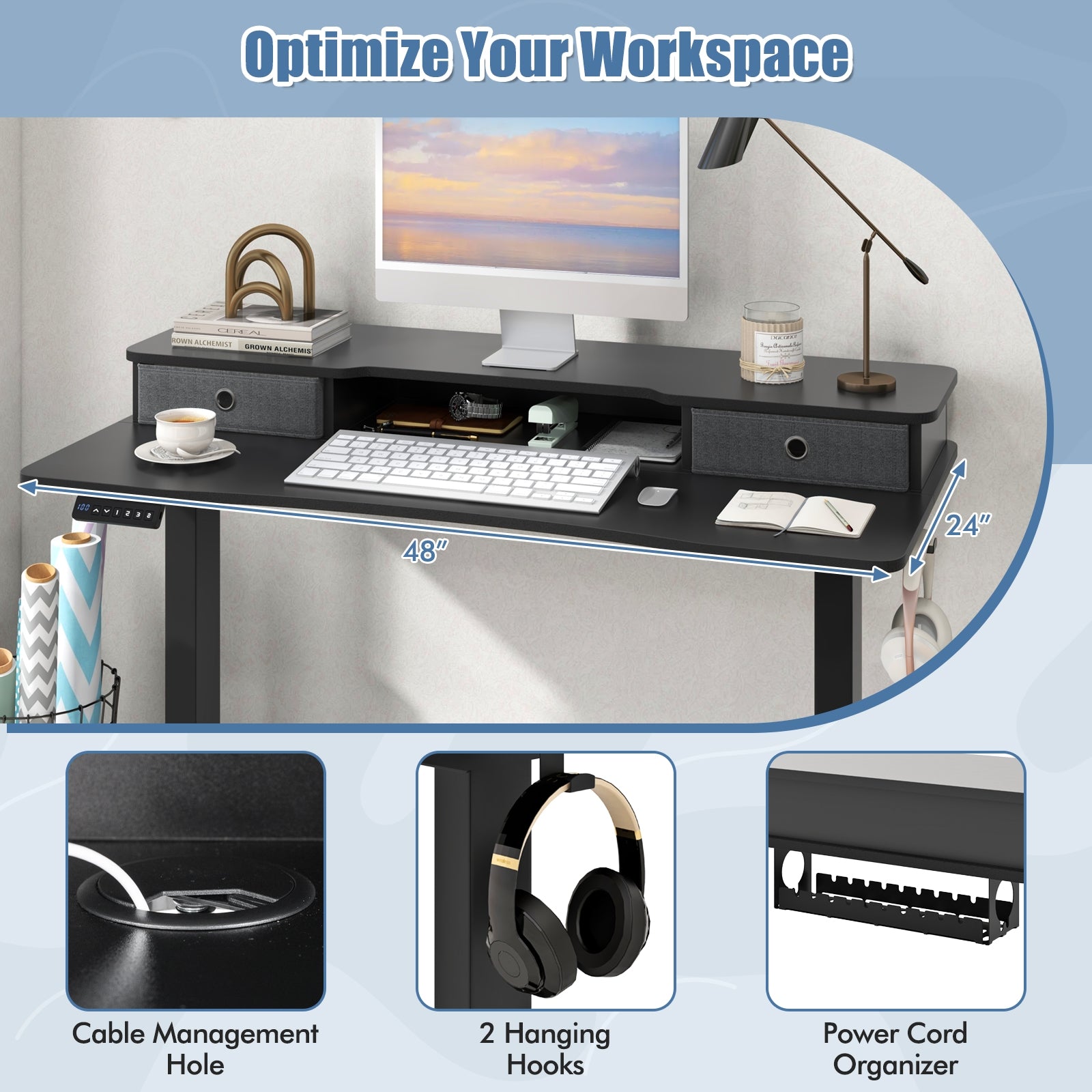 48 Inch x 24 Inch Height Adjustable Electric Standing Desk with 2 Drawers-Black