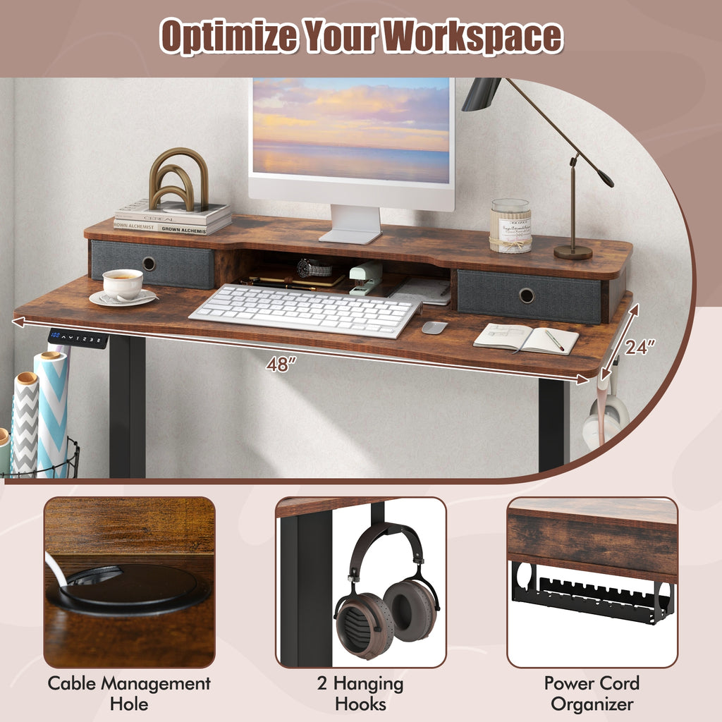 48 Inch x 24 Inch Height Adjustable Electric Standing Desk with 2 Drawers-Rustic Brown