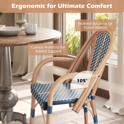 Hand-Woven PE Wicker Outdoor French Bistro Chairs Set of 2-Blue