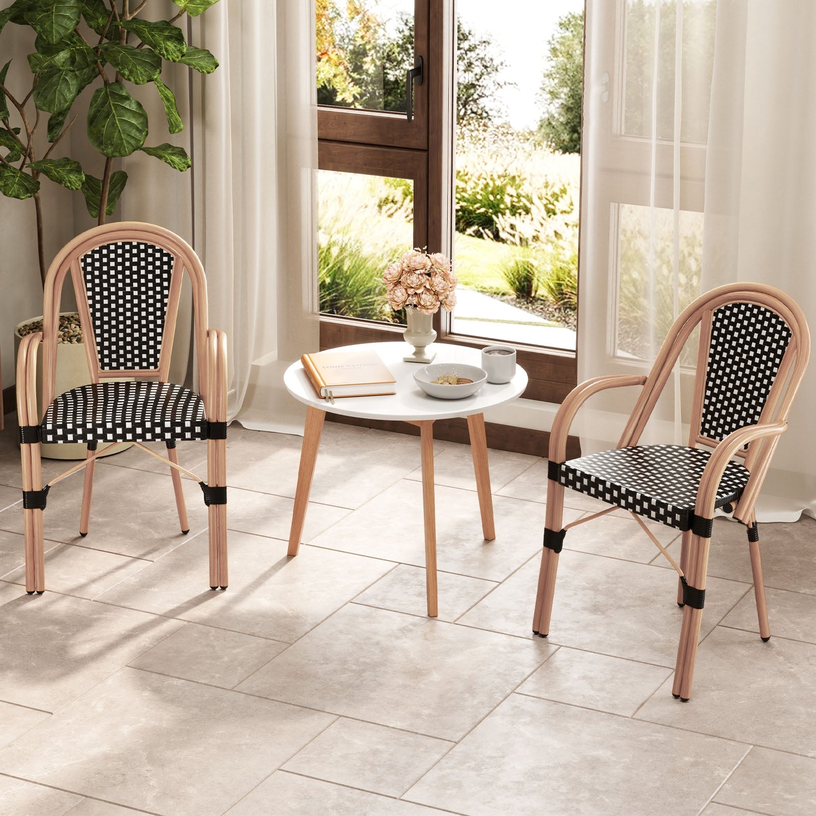 Chaises de bistrot françaises d'extérieur en osier PE tressé à la main, lot de 2 - Noir