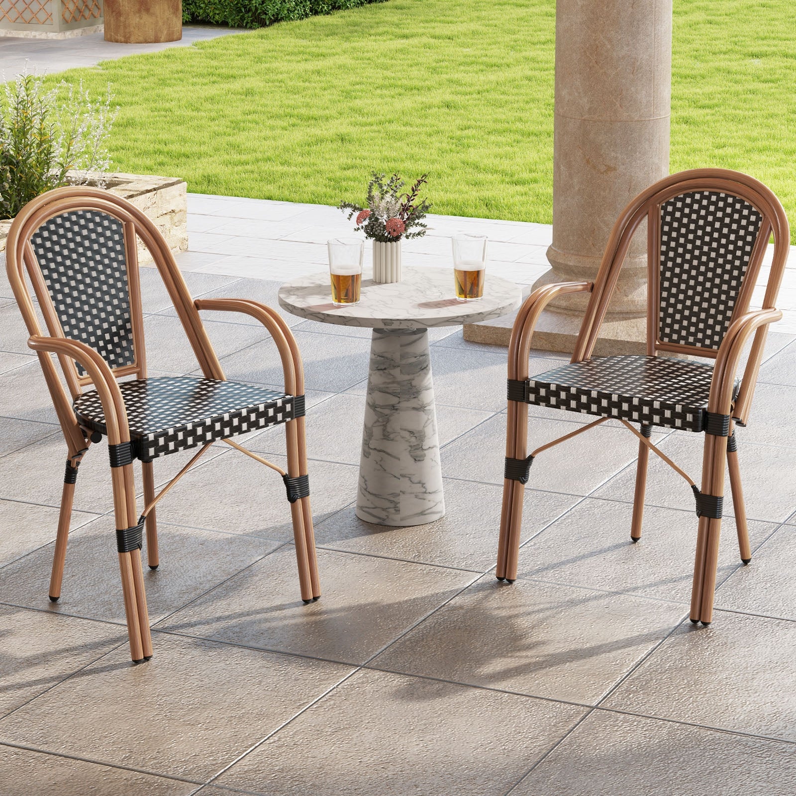 Chaises de bistrot françaises d'extérieur en osier PE tressé à la main, lot de 2 - Noir