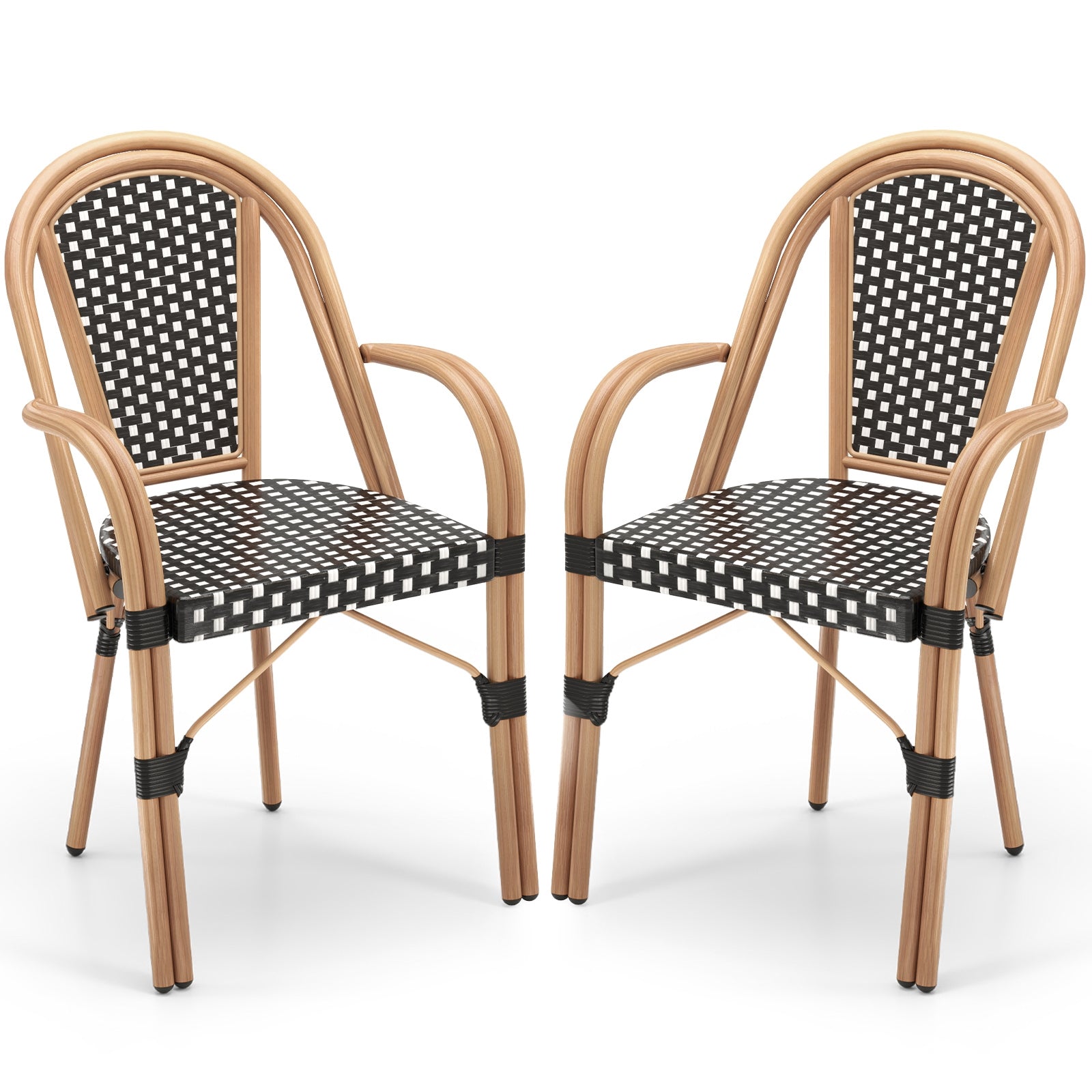 Chaises de bistrot françaises d'extérieur en osier PE tressé à la main, lot de 2 - Noir