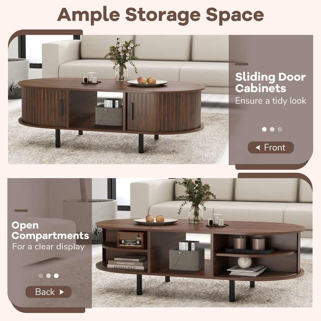 48" Mid Century Center Table with Sliding Fluted Doors and Open Compartment-Walnut