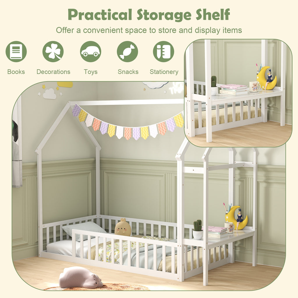 Twin House Floor Bed Montessori Bed Frame with Storage Shelf-White