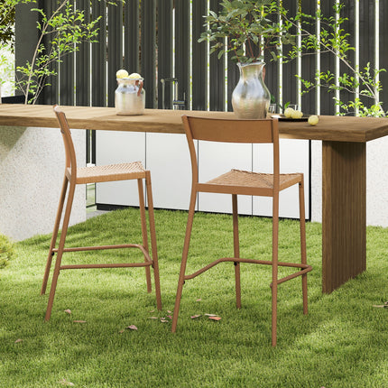 Patio Barstools Set of 4 with Rattan Seat and Metal Backrest-Light Brown