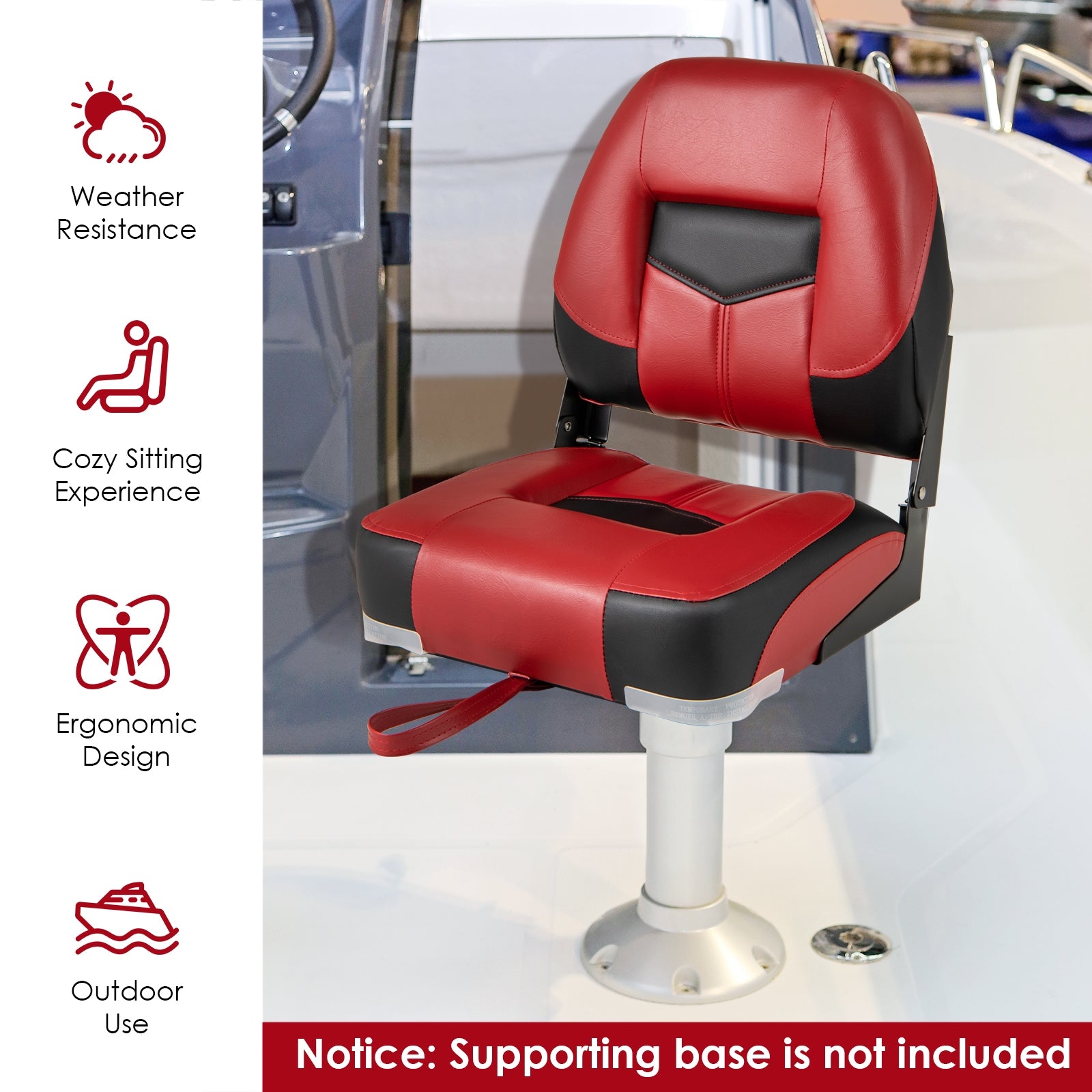 Set of 2 Folding Low Back Fishing Boat Seats with Stainless Steel Screws-Red