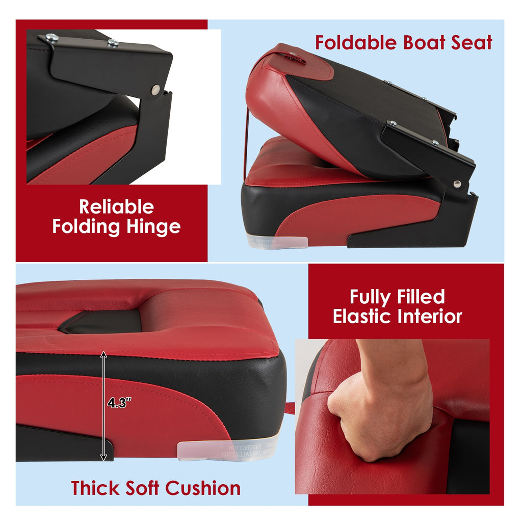 Set of 2 Folding Low Back Fishing Boat Seats with Stainless Steel Screws-Red