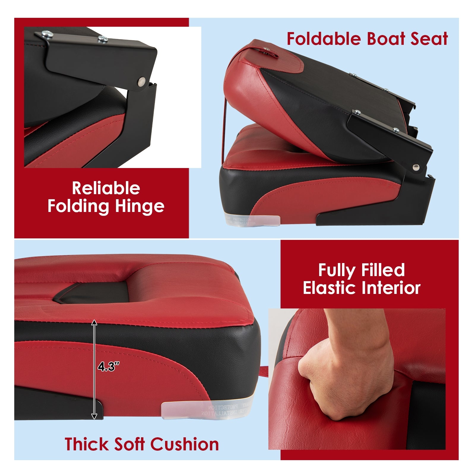 Set of 2 Folding Low Back Fishing Boat Seats with Stainless Steel Screws-Red