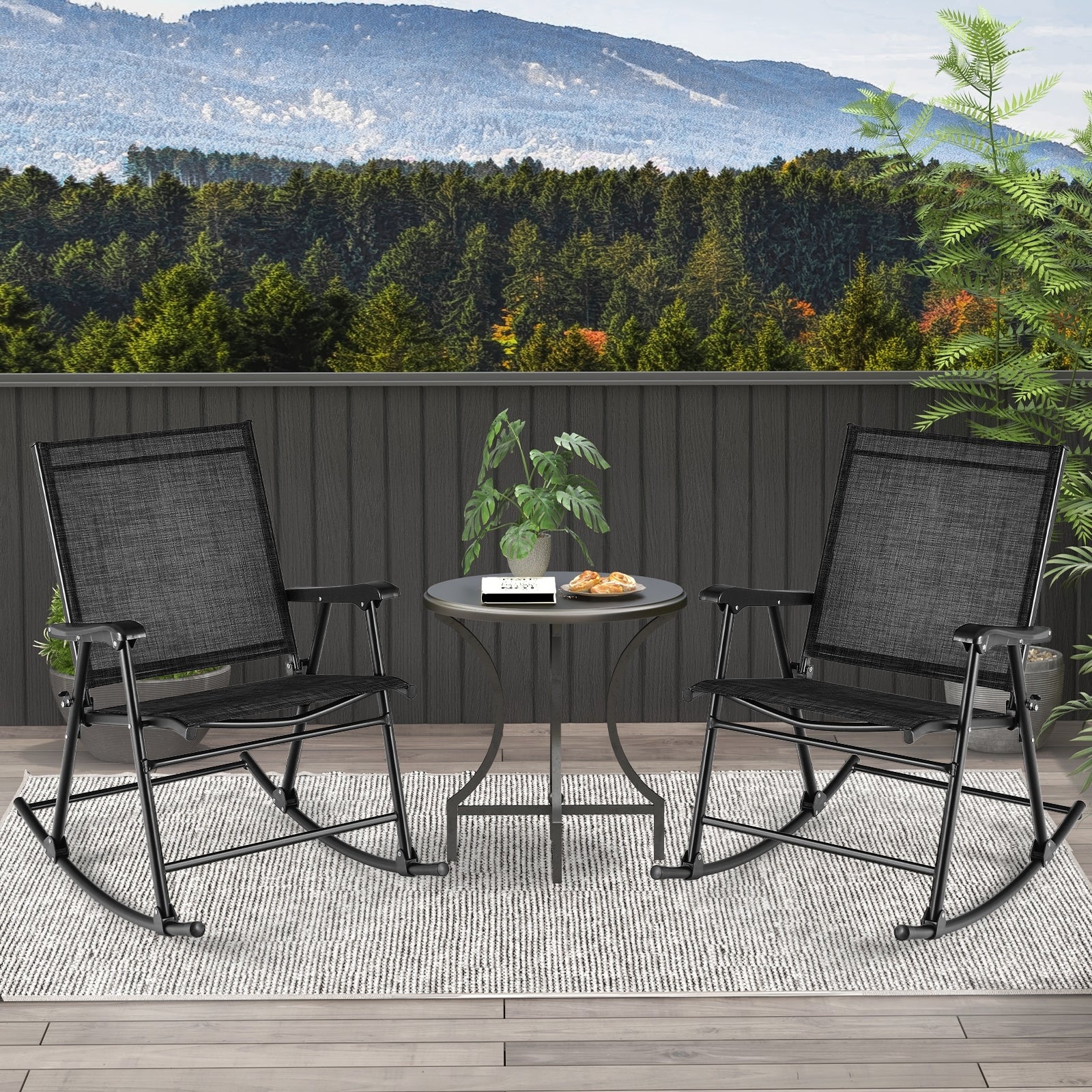 Fauteuil à bascule pliant avec assise en tissu respirant Lot de 2 - Noir