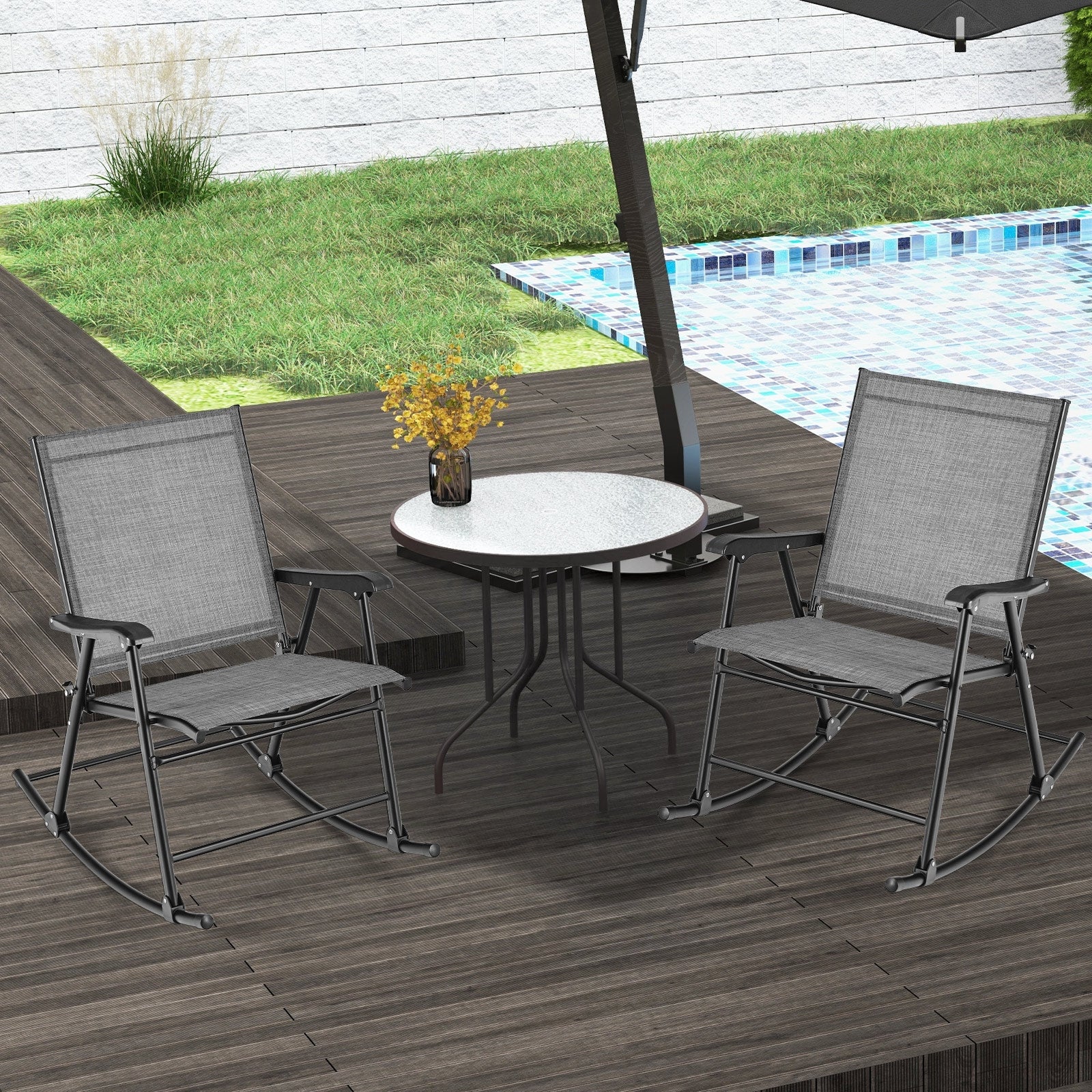 Fauteuil à bascule pliant avec tissu respirant pour l'assise, lot de 2 - Gris
