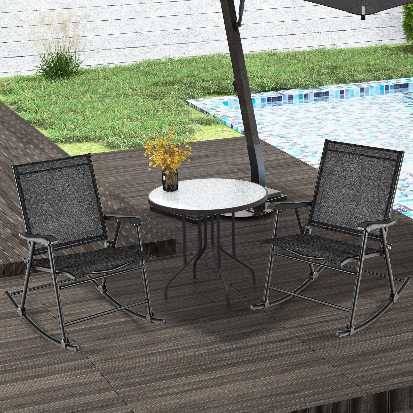 Fauteuil à bascule pliant avec assise en tissu respirant Lot de 2 - Noir