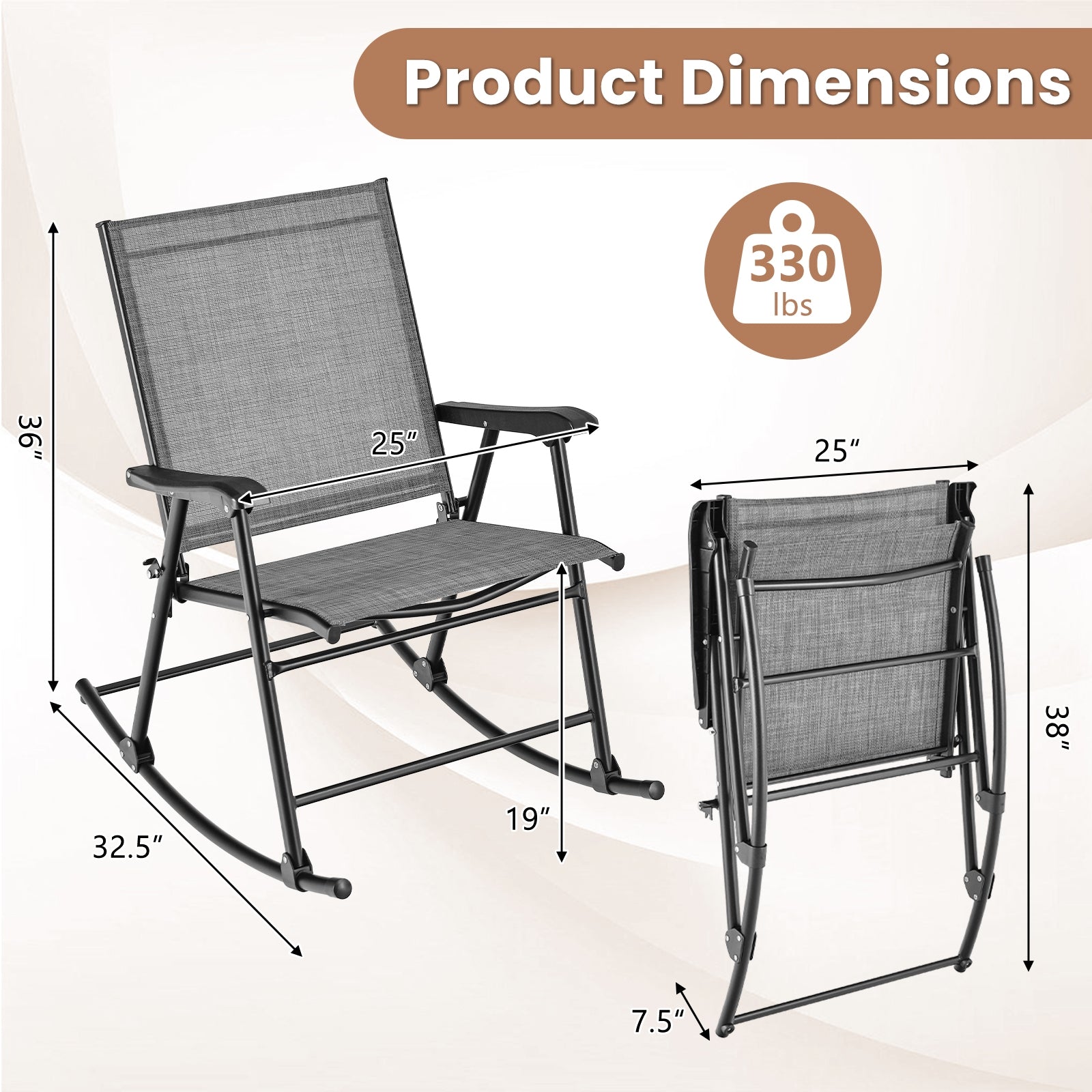 Fauteuil à bascule pliant avec tissu respirant pour l'assise, lot de 2 - Gris