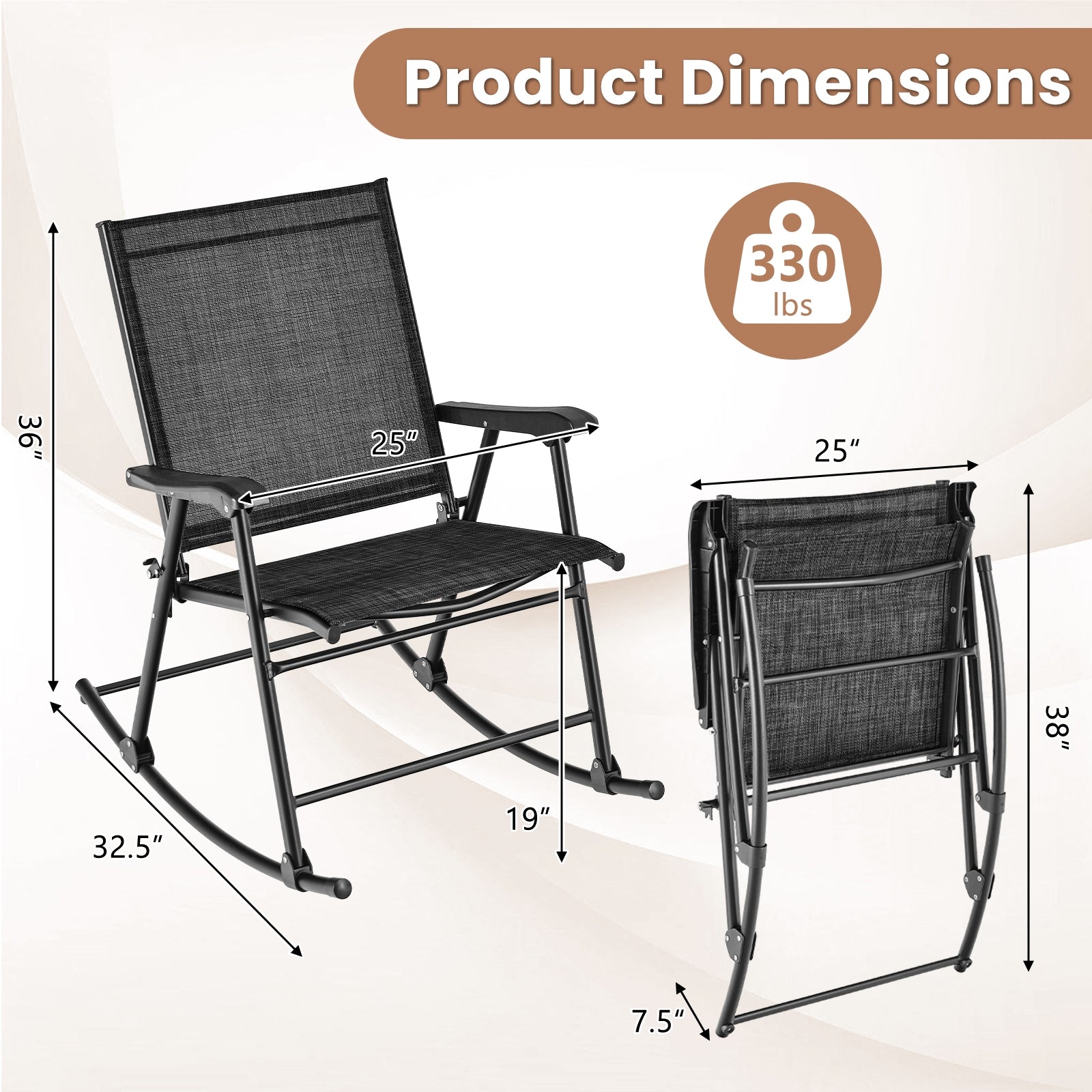 Fauteuil à bascule pliant avec assise en tissu respirant Lot de 2 - Noir