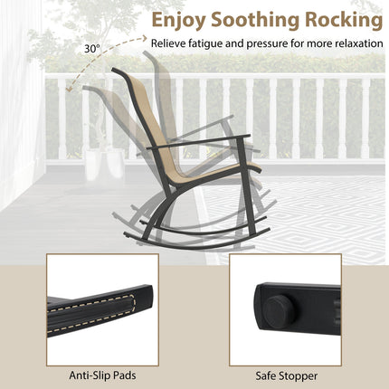 Heavy-Duty Rocking Bistro Chairs and Table Set with High Backrest and Wood-Plastic Tabletop-Brown